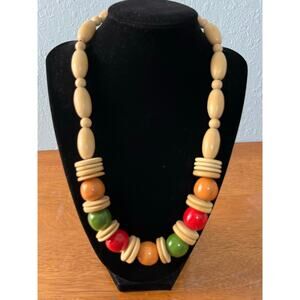 VTG Chunky Statement Necklace Colorful Tagua Nut & Wooden Beads Boho Resort 60s